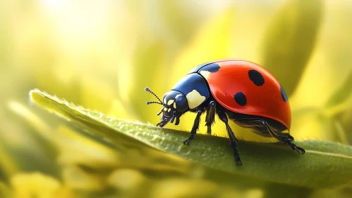 Macro ladybug on leaf in soft golden bokeh light.