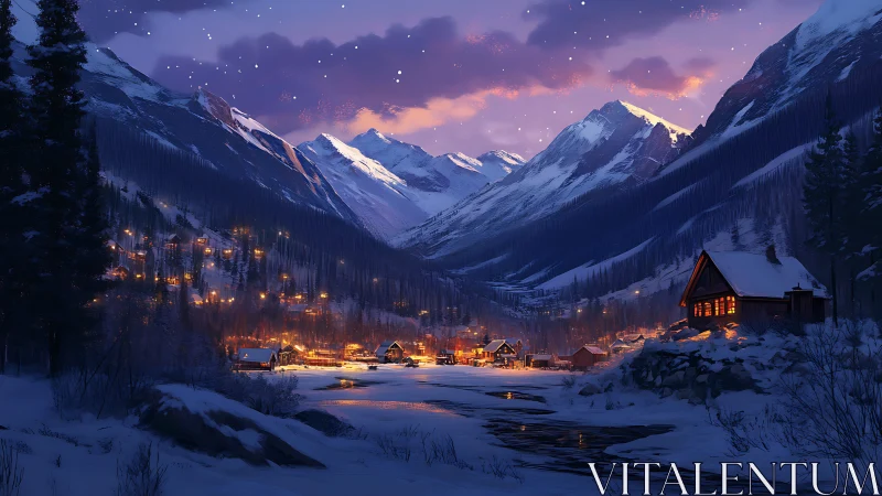 Snowy mountain village glows softly under a peaceful dusk sky