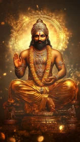 Golden robed deity figure sits cross-legged with raised hand