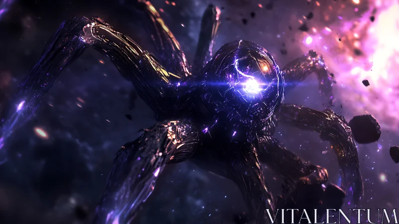 Cosmic mechanical creature with glowing core in space