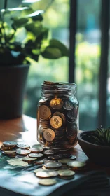 Bitcoin coins stacked in glass savings jar on sunny desk.