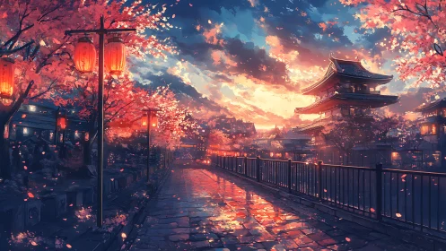 Sunset illuminates cherry blossoms over a tranquil temple path
