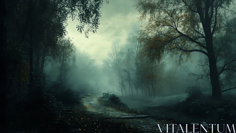 Misty woodland path at dawn with atmospheric depth and hush.