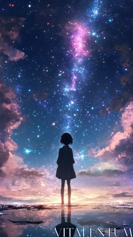 Stargazing silhouette walks the mirror edge of twilight skies.