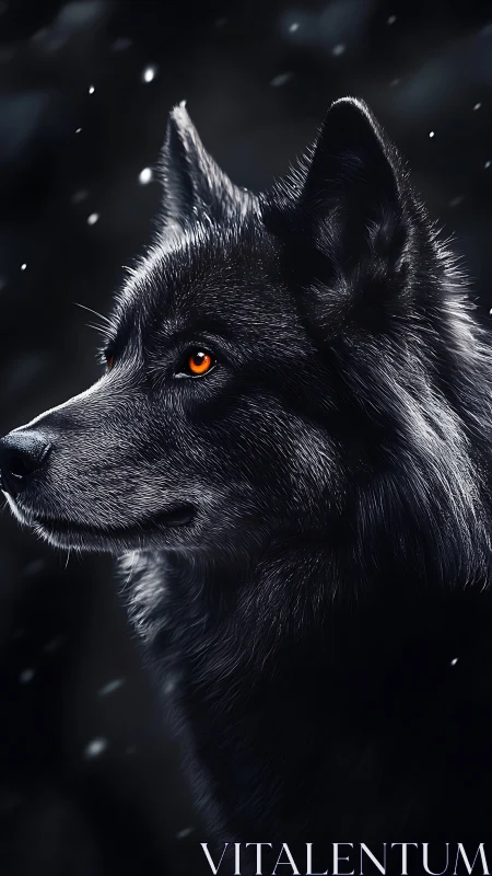 Midnight sentinel wolf with ember eyes in falling snow.