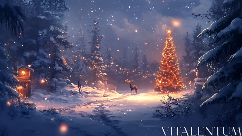 Glowing Christmas tree warms a silent snowy forest night