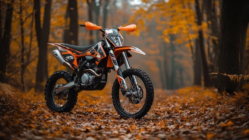 Enduro dirt bike stands in vivid autumn forest trail setting.