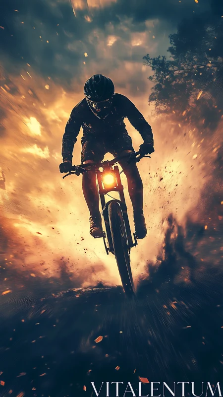 Rider bursts through glowing storm clouds in fearless motion
