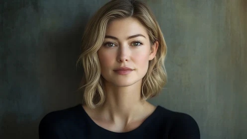 Calm blonde portrait against textured muted backdrop.