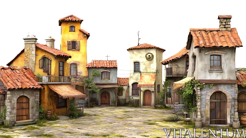 Mediterranean village courtyard with rustic stone houses.