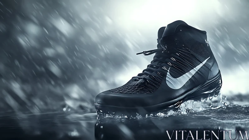 High-contrast athletic sneaker in dramatic rain scene.