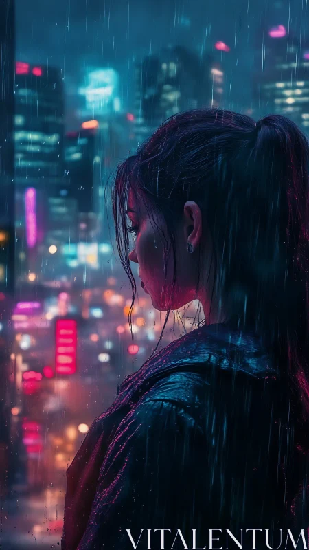 Neon lit woman in rain against futuristic city skyline.