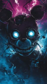 Sinister glowing bear skull in vivid neon mist artwork.