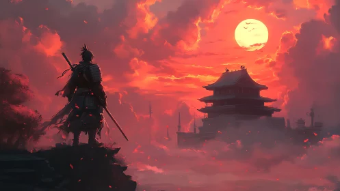 Samurai observes distant pagoda under intense red sunset