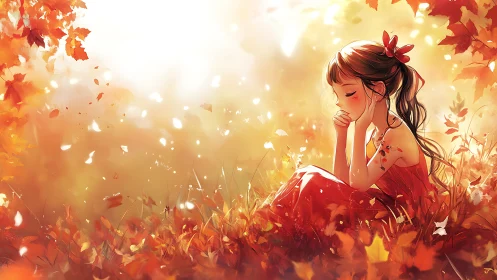 Girl seated in autumn foliage under diffuse warm light.