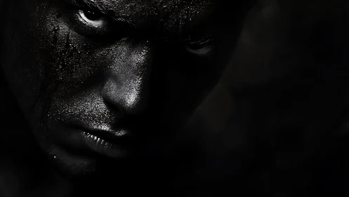 Human face in extreme low key lighting reveals wet texture