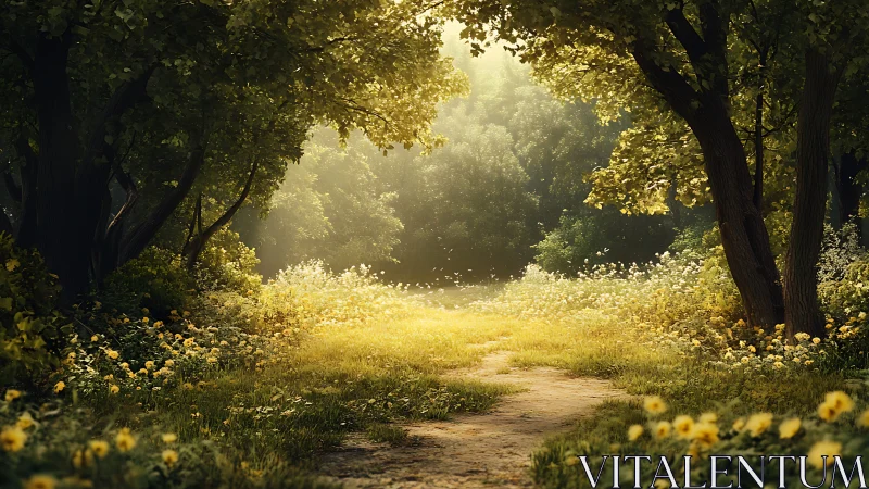 Sunlit Forest Path Through Wildflower Meadow.