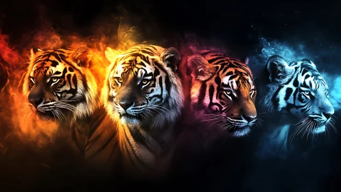 Four Tigers in Elemental Fire and Ice Aura