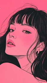 High-contrast pink portrait with fine linework and stylized shading