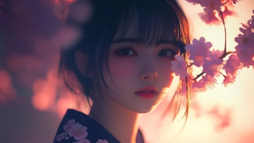 Anime girl framed by luminous cherry blossoms at sunset