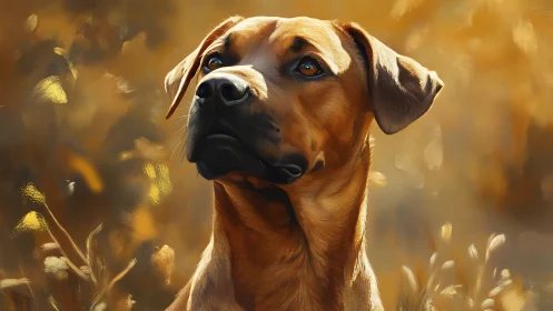 Warm-eyed brown dog gazes softly through golden autumn light