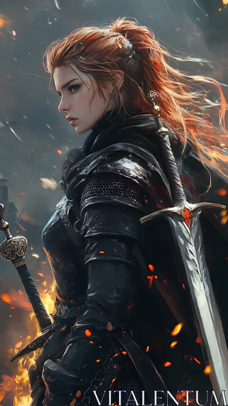 Fire-kissed warrior pauses mid-battle, steel catching stormlight