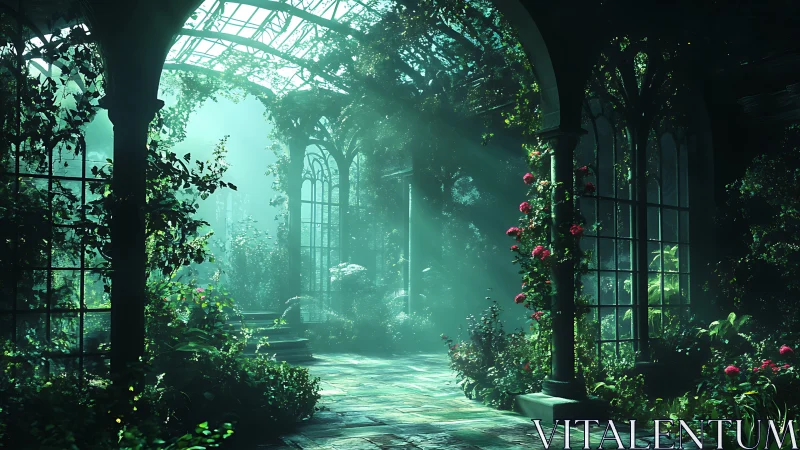 Sunlit glasshouse corridor renders ethereal volumetric botanics