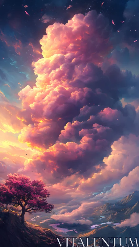 Radiant sunset clouds rising over a quiet cherry tree valley.