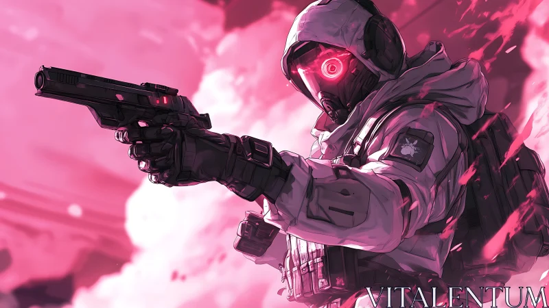 Tactical cyber-operator with neon visor in magenta crossfire.