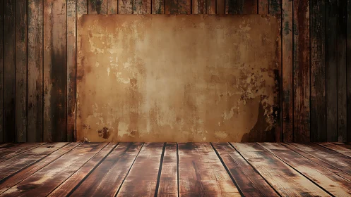 Worn wooden interior with distressed blank wall panel.