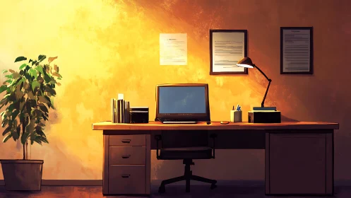 Modern wooden workspace with widescreen desktop monitor and speakers.