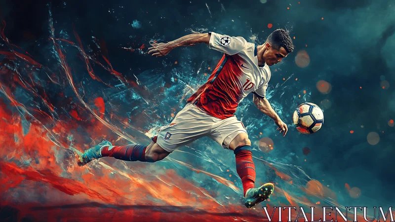 Dynamic soccer kick bursting with fiery color and motion.