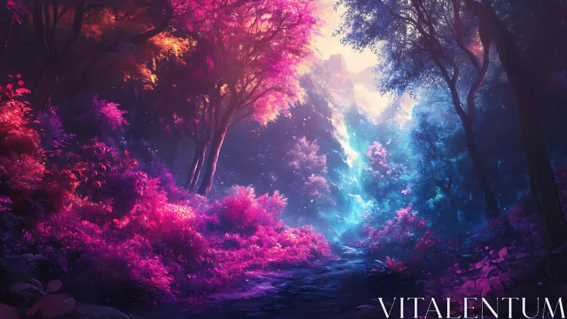 Enchanted forest radiates with neon luminescence through mystical woodland passage