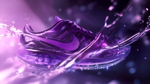 Vibrant purple running shoe bursts through liquid light