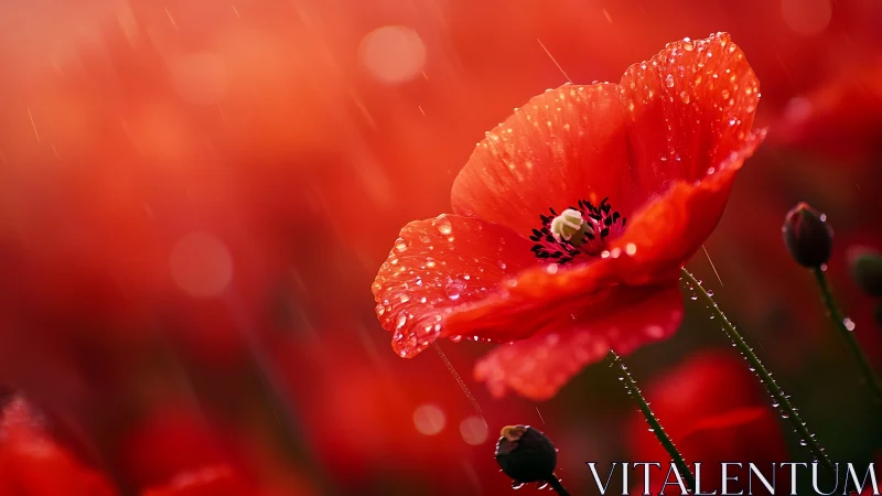 Red poppies drenched in rain with bee pollinating center