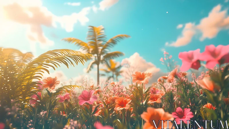 Dreamy Bloom Symphony: Tropical Flowers Swaying in Golden Light.