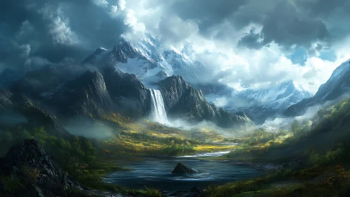 Dramatic mountain valley with waterfall and dark clouds.