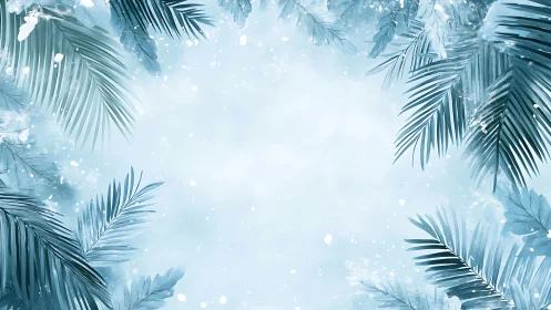 Frozen botanical frame with cyan palm leaves encircling space