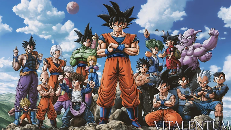 Anime warriors stand united under clear alien sky.