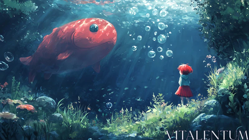 Girl stands underwater facing large red fish in light rays