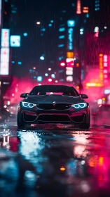 Neon rain crowns a midnight BMW prowl through city glare