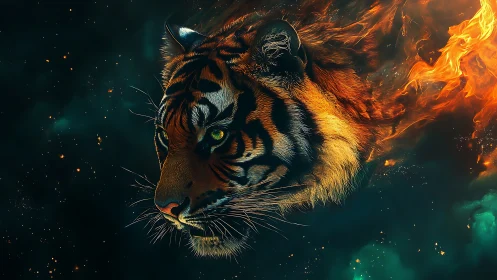 Astrophysical tiger head with combustion plume in nebular void.