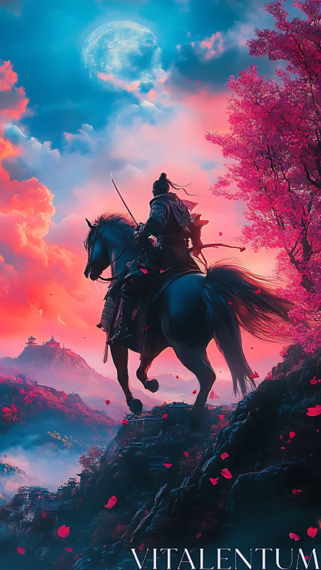 Moonlit samurai rides through neon cherry blossom dusk.