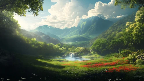 Lush valley meadow with waterfall under towering mountains.