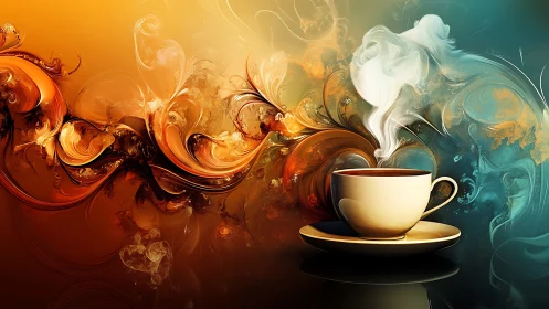 Steam-kissed coffee cup swirling through molten morning hues.