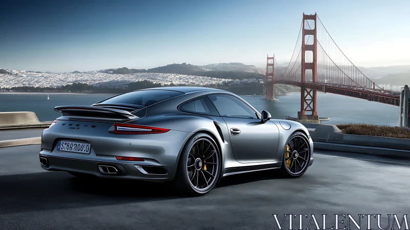 Silver sports coupe overlooking iconic suspension bridge scene.