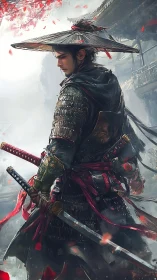 Samurai in red winds, pausing between silence and steel.