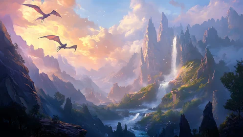 Dragons soar above luminous waterfall spires at sunrise.