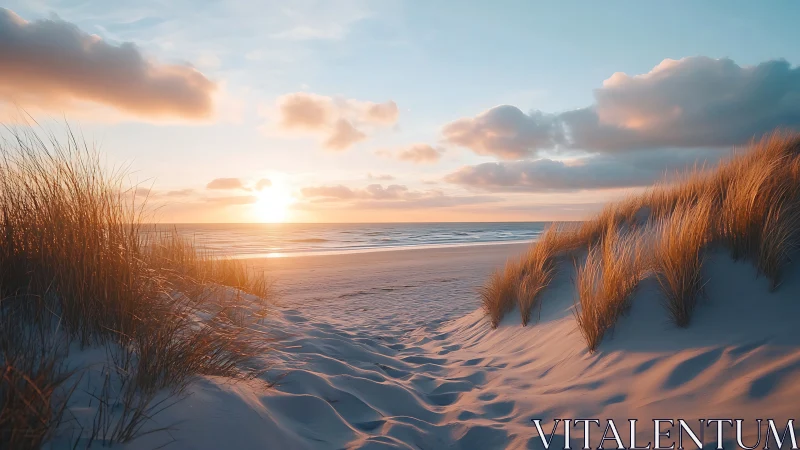 Sunlit dune grasses framing tranquil ocean sunset.