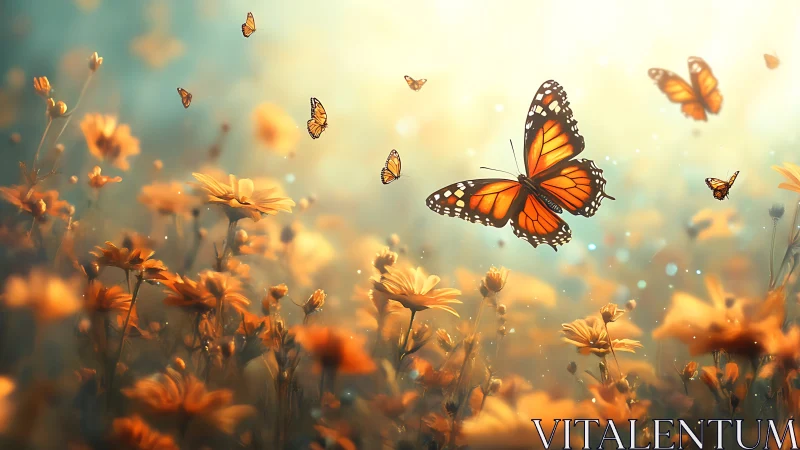 Monarch butterfly swarm over sunlit bokeh-diffused meadow.